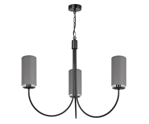 Żyrandol do pokoju i sypialni. czarny prosty kształt i szare abażury o kształcie tub.