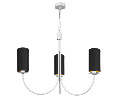 Biały żyrandol trójramienny do pokoju z abażurami czarno-złotymi o kształcie tub.