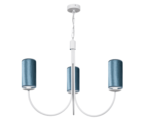 Biały żyrandol do sypialni z abażurami o kształcie walca w kolorze turkusowym - morskim.