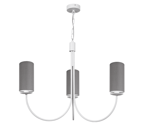 Żyrandol biały do sypialni z szarymi abażurami o kształcie tub.