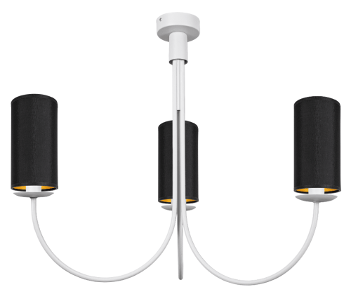 Biała lampa na sufit z abażurami o kształcie tub w kolorze czarno-złotym.