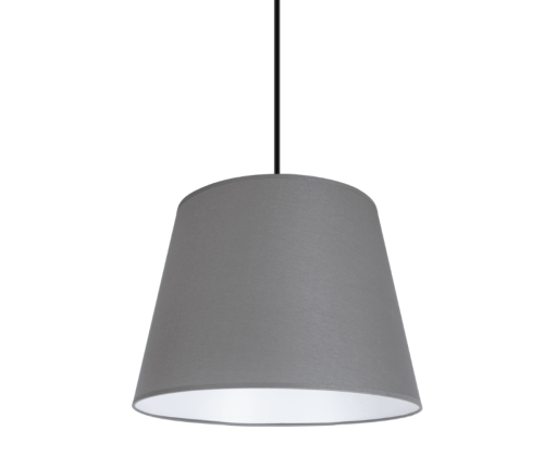 Lampa wisząca z dużym szarym abażurem.