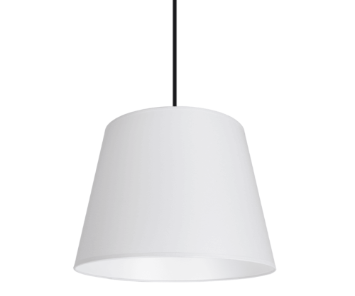 Biała lampa nad  stolik z dużym abażurem.