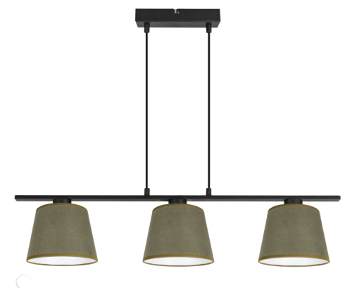 Lampa wisząca z abażurami welurowymi w kolorze ciemnej oliwki.