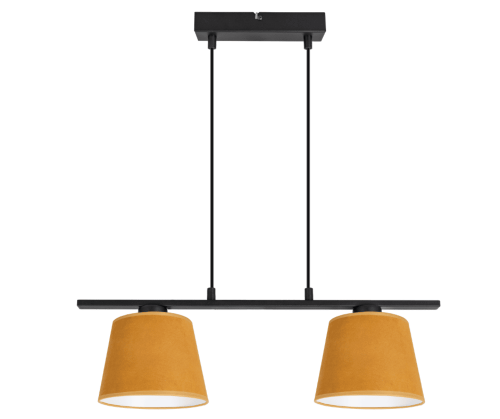 Lampa nad stół z welurowymi  abażurami w kolorze musztardowym.