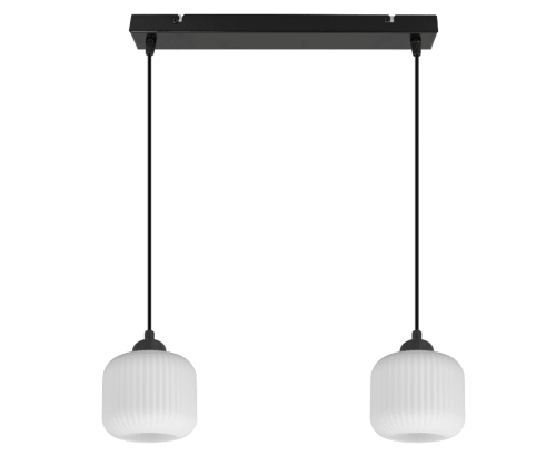 Lampa wisząca podwójna z białym kloszem ryflowanym.