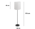 Lampa podłogowa do sypialni z prostym stelażem i białym cylindrycznym abażurem.