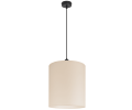 Lampa zwisająca z dużym abażurem ecru okształcie walca.
