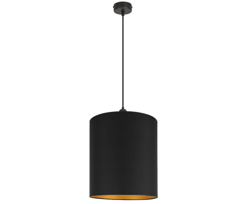 Czarno-złota lampa zwisająca z dużym abażurem.