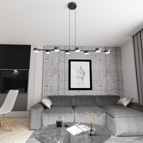 Szeroka wisząca lampa ledowa o regulacji wysokości.