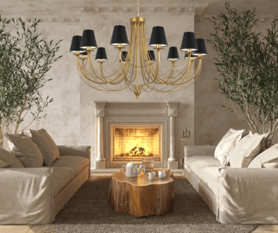 Złoty duży żyrandol do wysokiego salonu na 12 żarówek z czarnymi abażurkami.