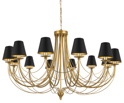 Złoty duży żyrandol 12 ramienny o średnicy 110 cm z czarno-złotymi abażurkami. Lampa glamour.
