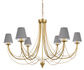 Duży klasyczny żyrandol złoty z szarymi abażurkami.
