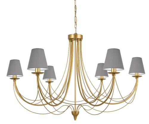 Duży klasyczny żyrandol złoty z szarymi abażurkami.