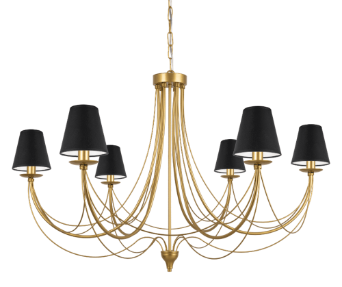 Złoty duży żyrandol nad stół jadalny do salonu z czarnymi abażurkami.