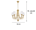 Żyrandol klasyczny złoty do małego salonu i pokoju z białymi abażurkami.