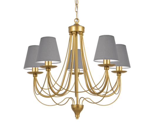Złota lampa do pokoju z szarymi abażurkami.