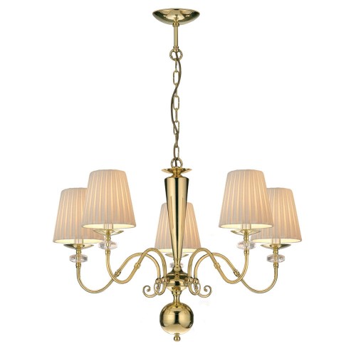Żyrandol premium. Lampa mosiężna z plisowanymi abażurami, ozdobiona kryształkami.