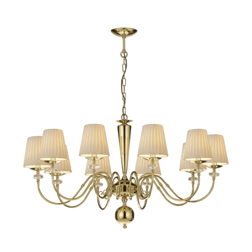 Żyrandol  premium w stylu glamour i dworskim. Lampa mosiężna z  kryształkami i abażurkami.