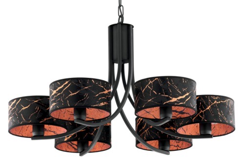 Nowoczesna wisząca lampa z abażurami w kolorze czarnym i miedzianym.