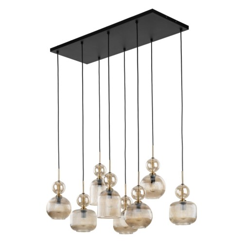 Lampa wisząca z kloszami szklanymi ryflowanymi w kolorze koniakowym.
