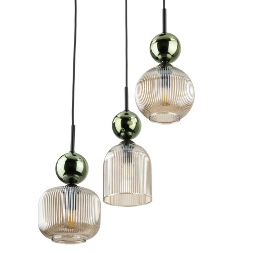 Lampa wisząca ze szkłem ryflowanym w kolorze koniakowym i zielonym
