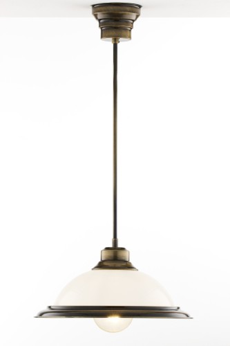 Klasyczna pojedyncza lampa wisząca w kolorze starego złota. Klosz szklany  z ozdobną ramką