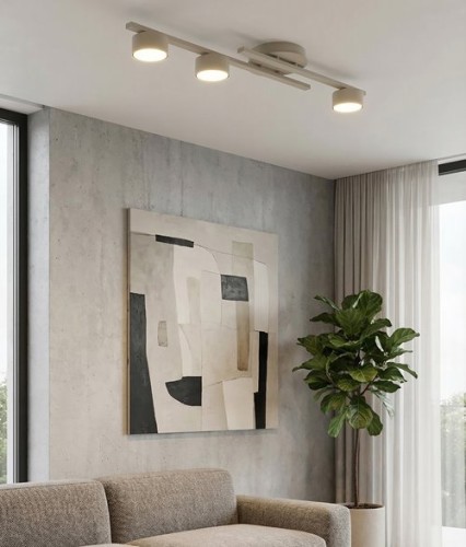 Beżowa nowoczesna lampa na sufit z 3 punktami światła.