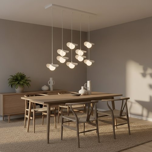 Duża biała lampa wisząca Mewa. Do dużego salonu nad stół.