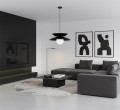 Lampa pojedyncza z czarnym metalowym stelażem i białą szklaną kulą.
