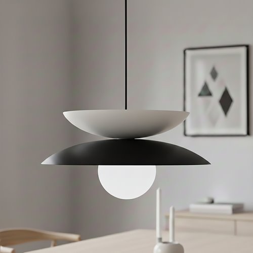 Czarno-biała lampa w stylu japandi.