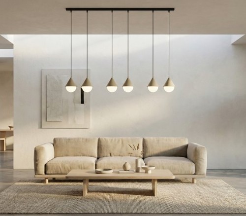 Szeroka lampa nad stół w kolorach czarnym i beżowym.
