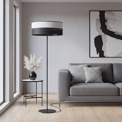 Designerska lampa podłogowa z abażurem w kolorach czarnym i szarym.