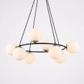 Lampa wisząca designerska do salonu. Lampa ring z 8 kloszami białymi kulkami.