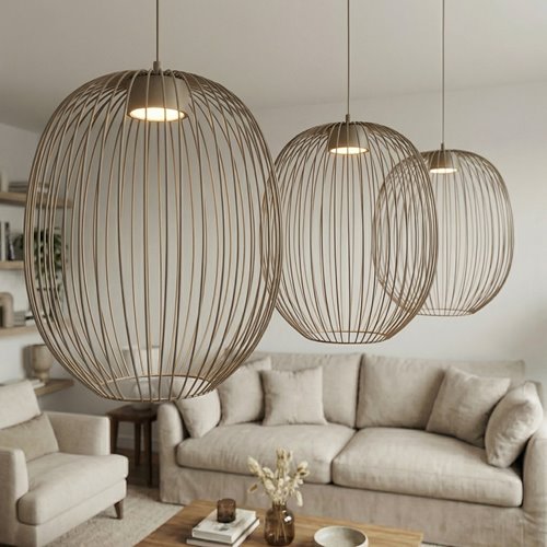 Duża beżowa lampa wisząca z kloszami z drutu.
