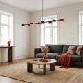 Lampa ledowa nad stół w salonie i jadalni. Osiem punktów światła żarówek led. Lampa w kolorze bordo.