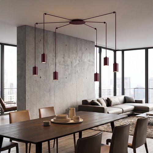 Bordowa lampa pająk nad stół do kuchni i salonu.