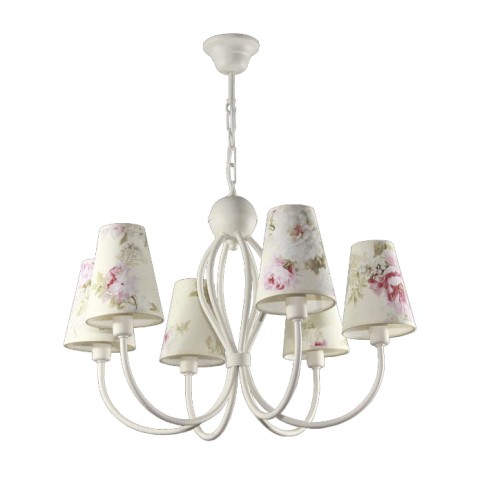 Żyrandol do sypialni  w jasnych kolorach i z przepięknymi abażurkami w kwiaty.