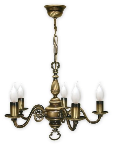 Klasyka oświetlenia żyrandol patynowany świecznikowy na pięć żarówek.