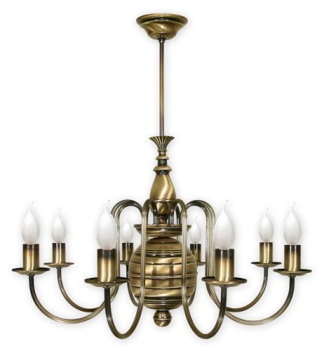 Klasyczny patynowany żyrandol świecznikowy na osiem żarówek.