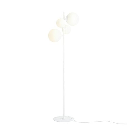 Lampa podłogowa nowoczesna w kolorze białym. Cztery szklane mlecznobiałe klosze wokół osi lampy.