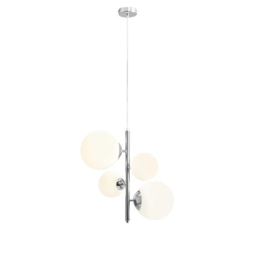 Chromowana lampa wisząca w stylu nowoczesnym. Mlecznobiałe klosze kulki rozmieszczone w osi lampy.