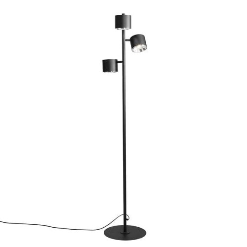 Nowoczesna lampa podłogowa z 3 reflektorkami w kolorze czarnym.
