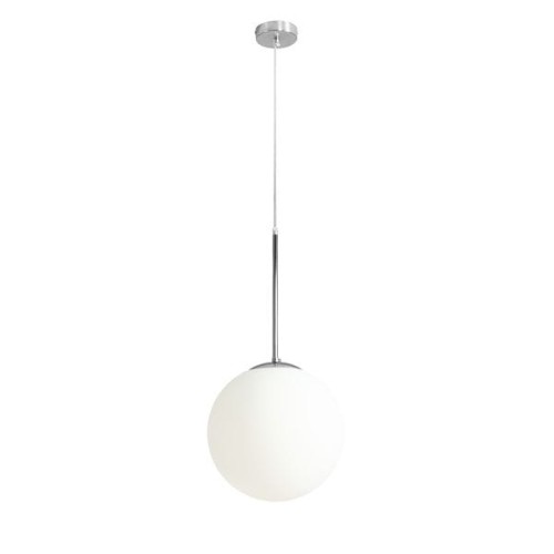 Lampa wisząca pojedyncza chromowana. Biały klosz w kształcie kuli o średnicy 30 cm.