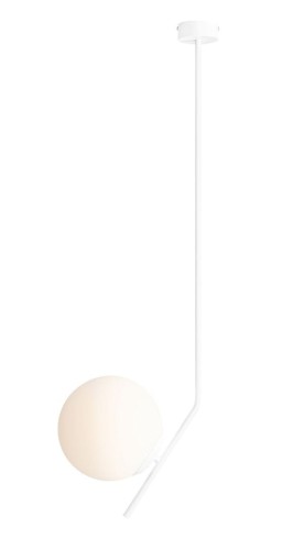 Nowoczesna biała lampa pionowa na sufit. Prosta forma i kształt. Szklana kula mlecznobiała.