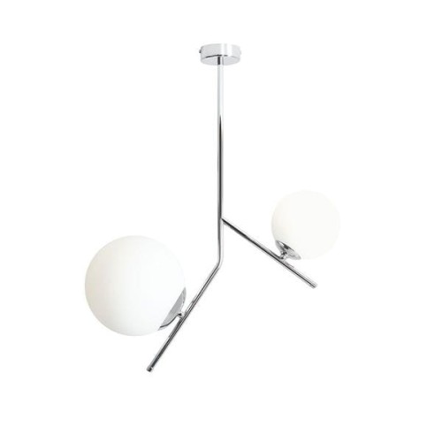 Nowoczesna chromowana lampa na sufit. Dwie mlecznobiałe kule to punkty światła.