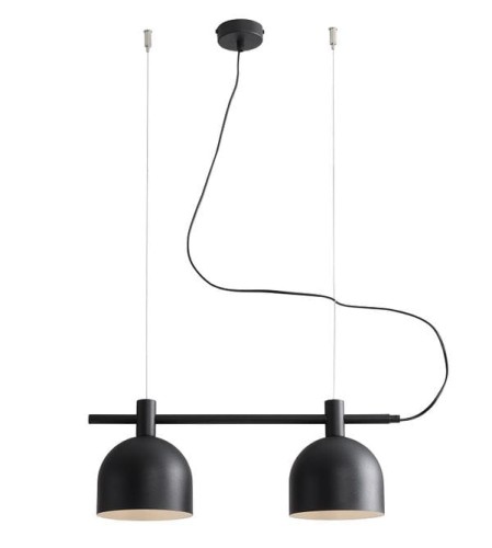 Lampa modern czarna wisząca. Dwa metalowe klosze na czarnej listwie.
