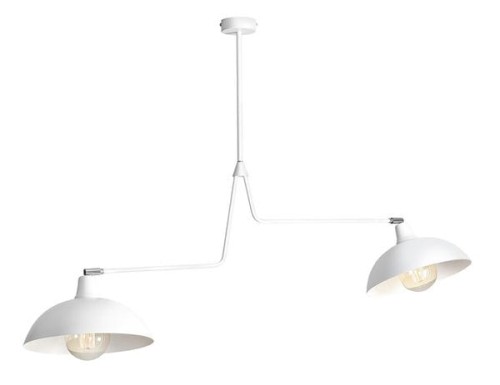 Lampa designerska biała. Dwa szerokie ramiona zakończone kloszami na przegubach.