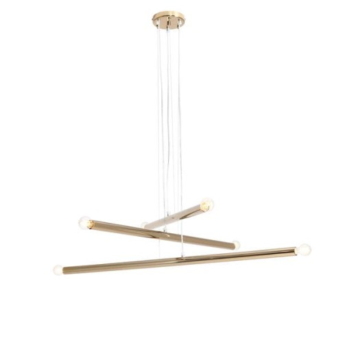 Złota pozioma lampa nad antresolę. Składa się z 3 rurek zawieszonych poziomo na różnej wysokości zakończonych żarówkami.