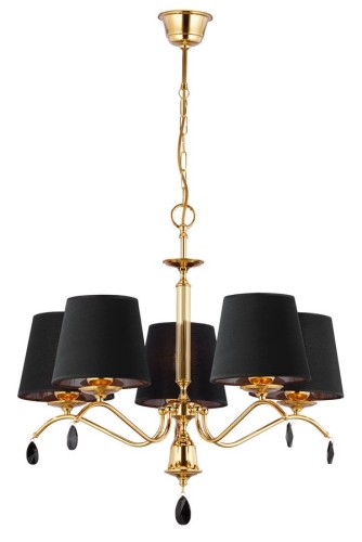 Złoty pięcioramienny elegancki żyrandol z czarnymi abażurami. Ramiona ozdobione czarnym kryształami.